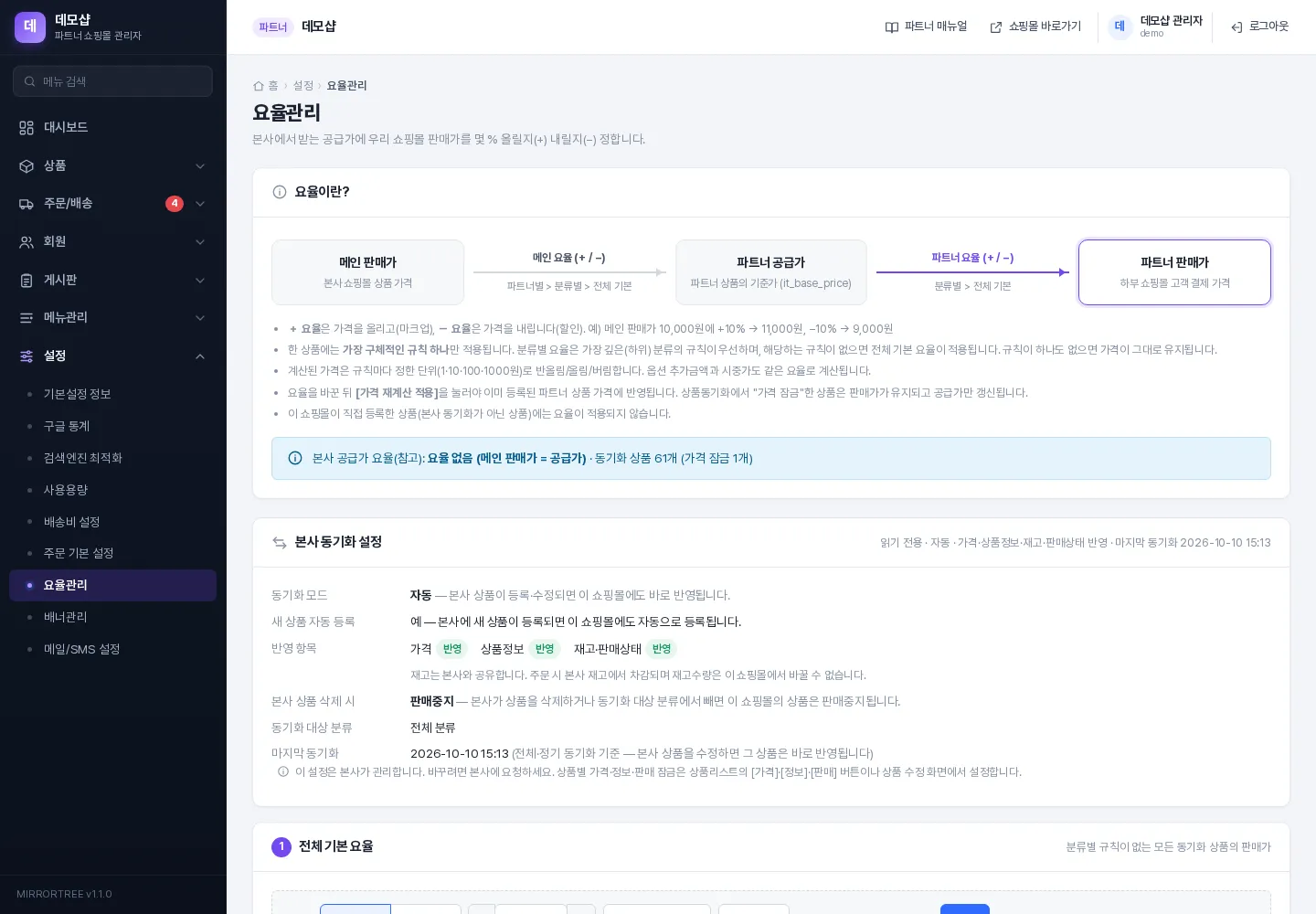 요율관리 화면 (파트너 쇼핑몰)